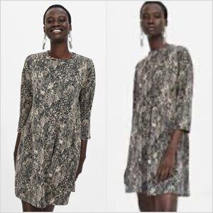 ZARA Womens Snake Print Dress M Beige Black 3/4 Sleeve Knit Feminine Mini Dress
